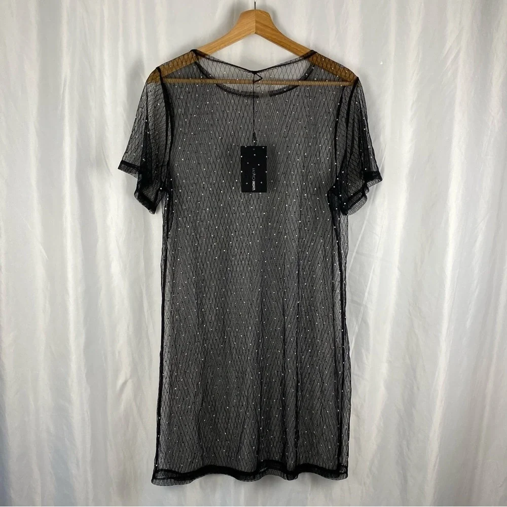 Fashion Nova Black Sheer Short Sleeve Dress with Silver Accents Size Medium - Picture 9 of 16